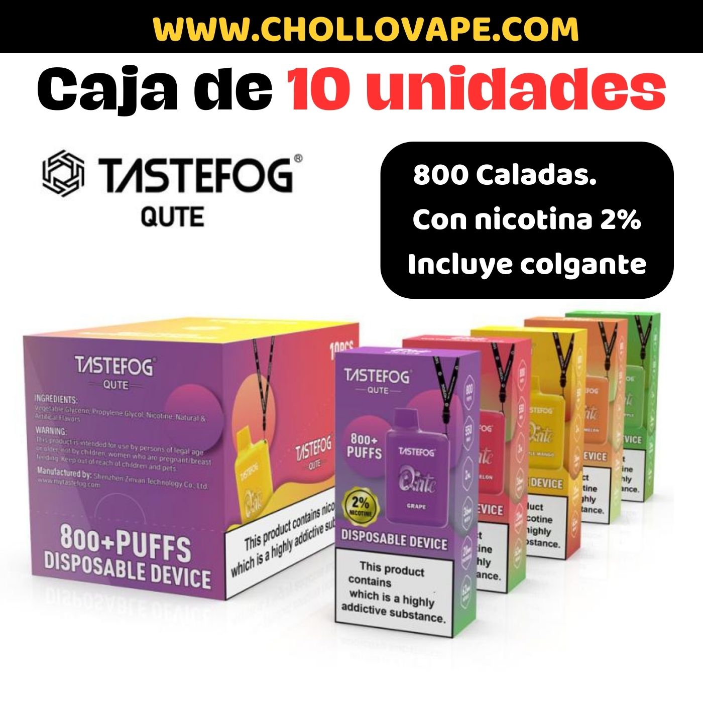 Caja Tastefog Qute 800 Caladas con Nicotina 2% (10 Unidades) – Chollovape